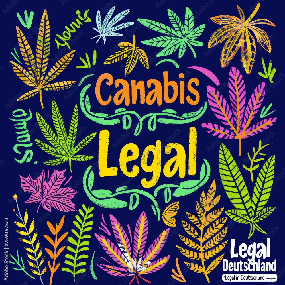 Eye-catching artwork featuring 'Cannabis Legal' text surrounded by colorful botanical illustrations