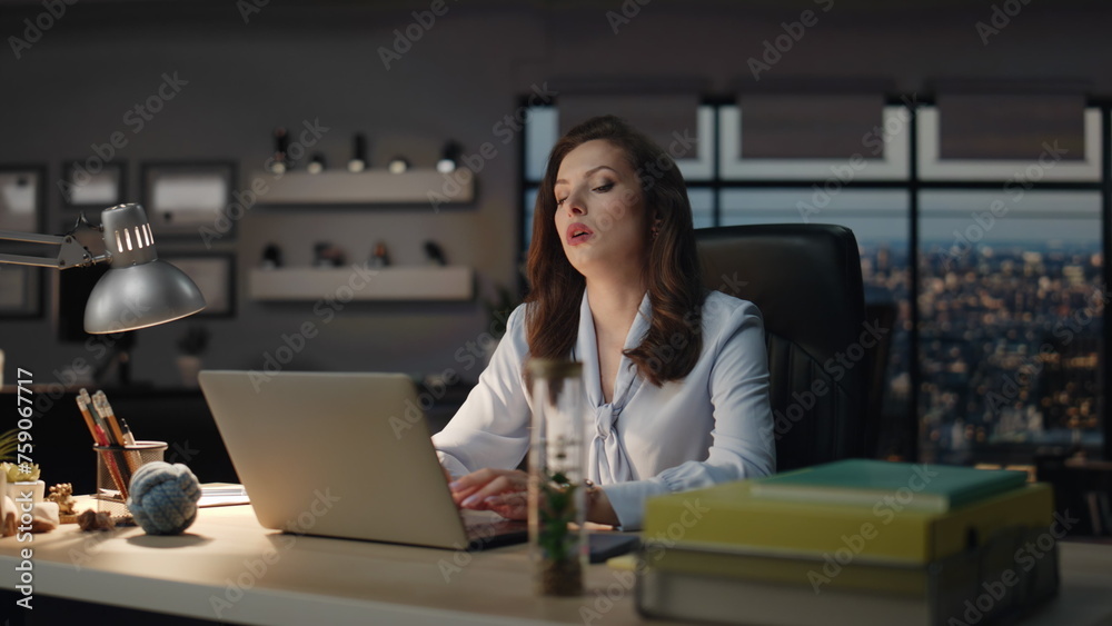 Stressed lady feeling headache having overtime office night closeup. Tired woman Stressed lady feeling headache having overtime office night closeup. Tired woman