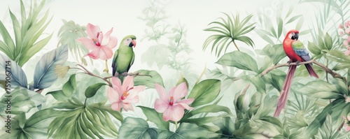 Watercolor pattern wallpaper. Painting of a flowers and Macaw Parrot bird jungle landscape © Natawut