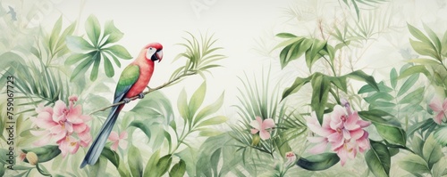 Watercolor pattern wallpaper. Painting of a flowers and Macaw Parrot bird jungle landscape © Natawut