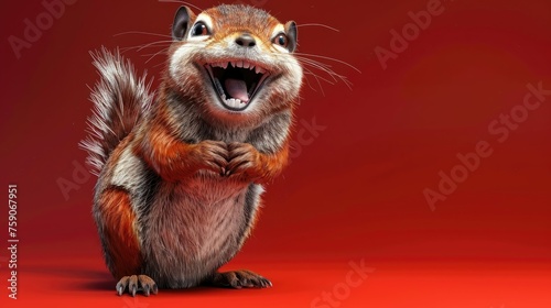 Excited squirrel with fluffy tail and open mouth on red background.