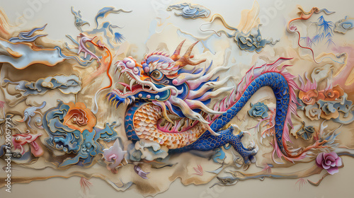 3D illustration of chinese dragon wall.