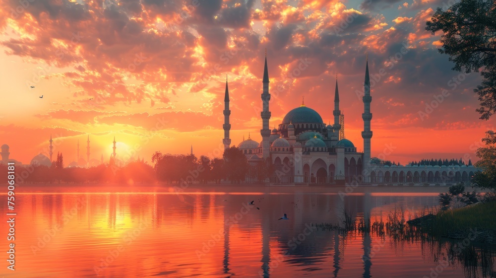 Fototapeta premium Tranquil Mosque Vantage Point Peaceful and Serene