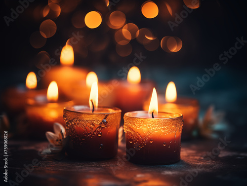 Warm candlelight glow with multiple lit candles, creating a cozy and inviting ambiance in a dark setting