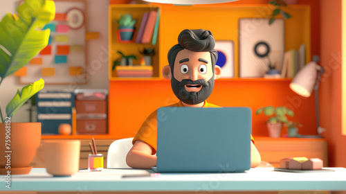 3d illustration of A freelancer man works behind a laptop and home background. Home office workplace.