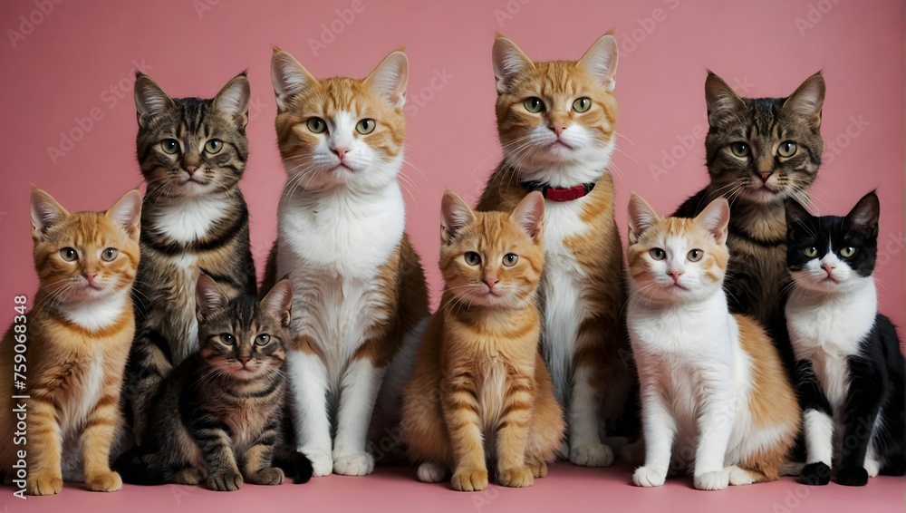 A group of different cats sitting facing the camera. Pink background.