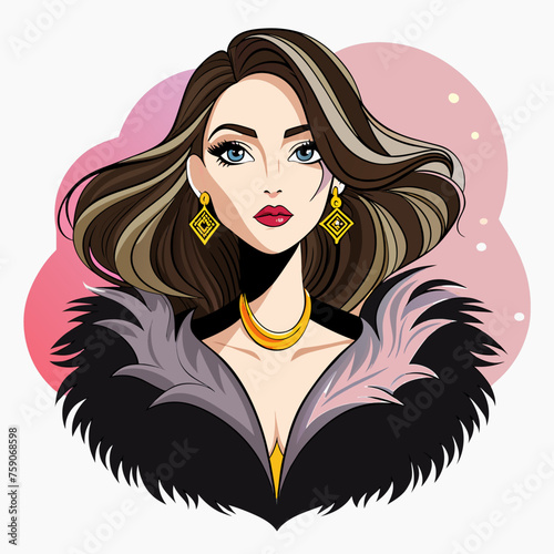 Illustrate a chic fashion illustration of a glamorous girl, suitable for transforming into a captivating sticker for t-shirts