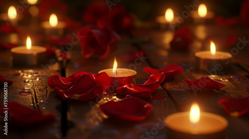 Red rose petals candles on wooden parquet romantic background