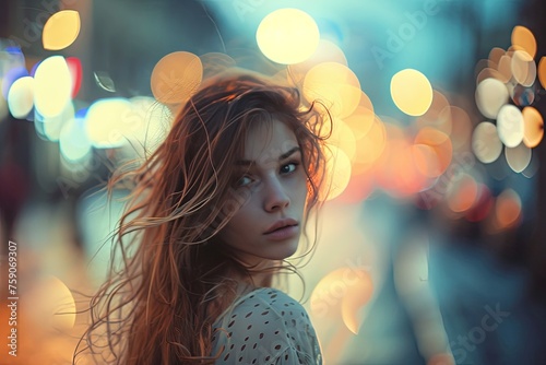 Beautiful girl in city light with bokeh background, Peaceful alone girl in night city