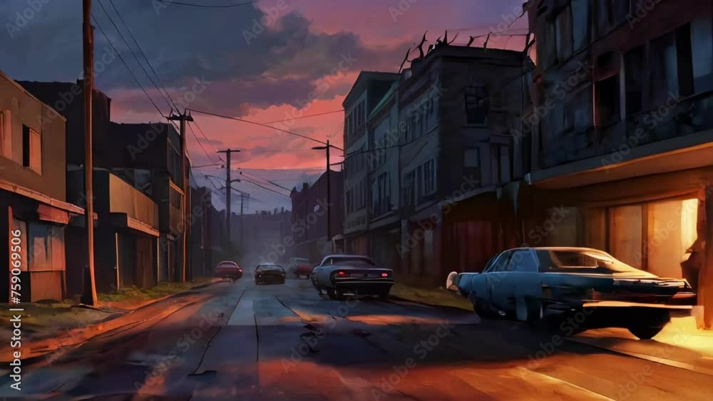 Deserted city street at dusk with abandoned cars and houses. Dark ...
