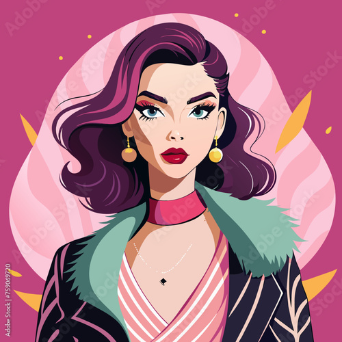 Illustrate a chic fashion illustration of a glamorous girl, suitable for transforming into a captivating sticker for t-shirts