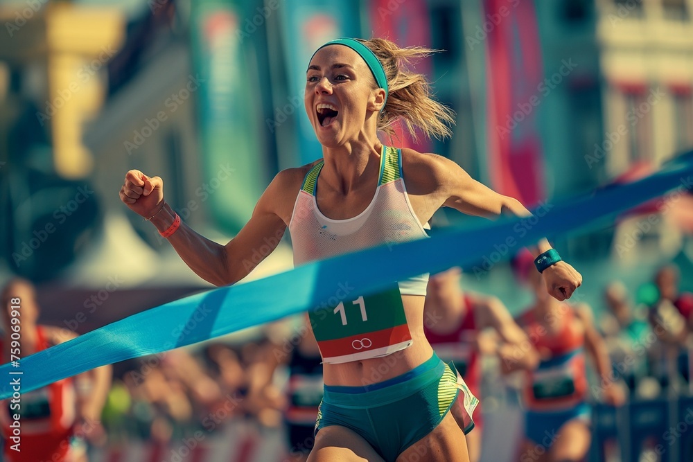 A happy, joyful young female athlete at the stadium is the first to cross the finish line with a blue ribbon at the international Sports Games - obrazy, fototapety, plakaty 