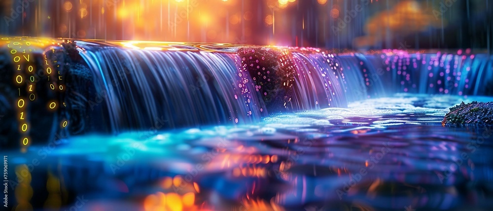 digital waterfalls, colorful  matrix binary code Cascading Through  waterfall. 
