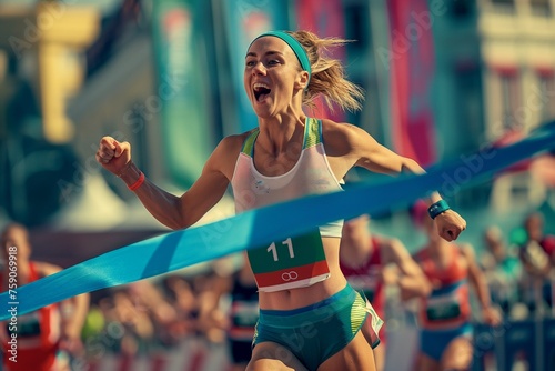 A happy, joyful young female athlete at the stadium is the first to cross the finish line with a blue ribbon at the international Sports Games photo