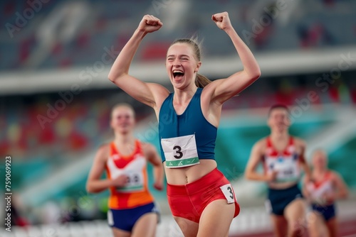 A happy, joyful young female athlete with the third number in the stadium finishes at the international sports games