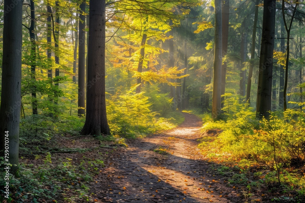Obraz premium Sunlit forest trail background, Sunlight forest landscape