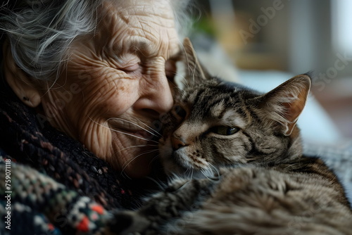 closeup of old woman hug cat at home