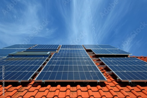 Modern solar panels installed on a red tiled roof harnessing renewable energy from the bright blue sky above