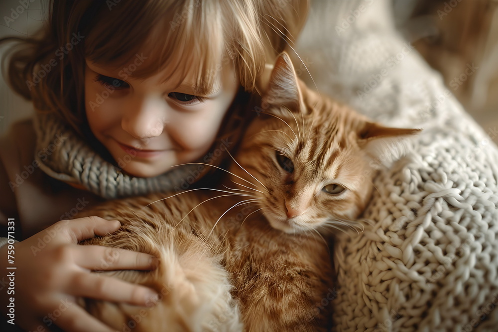 closeup of child girl hug cat at home closeup of child girl hug cat at home