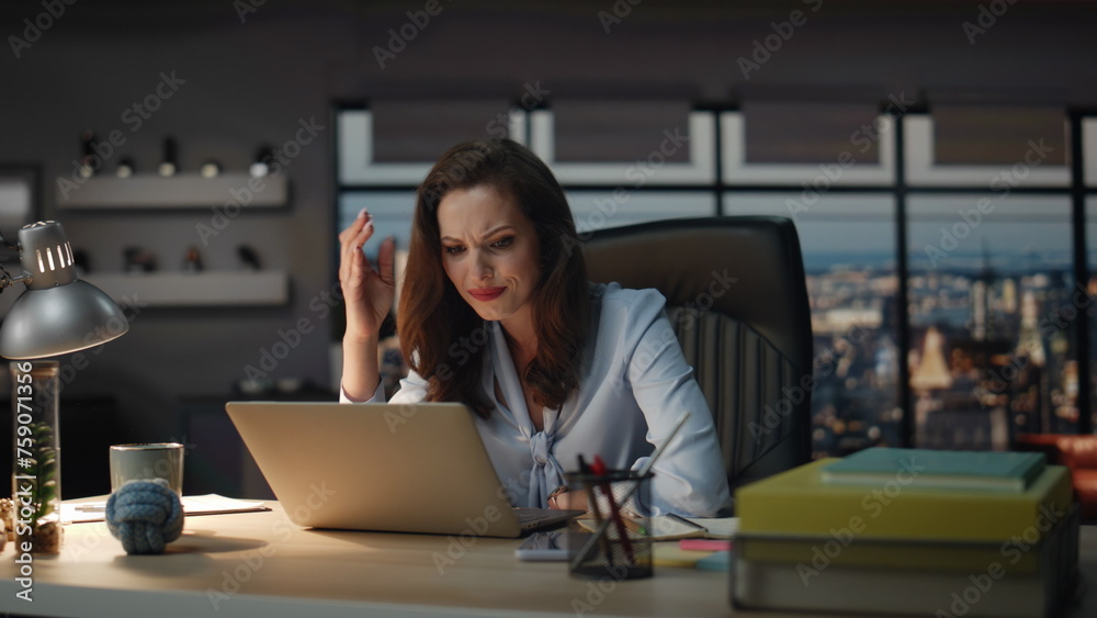 Upset manager found mistake late workplace closeup. Businesswoman looking laptop Upset manager found mistake late workplace closeup. Businesswoman looking laptop