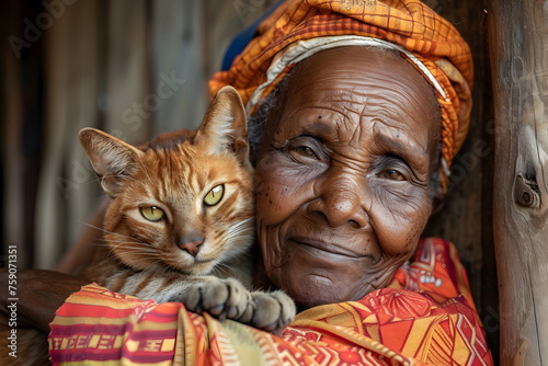 closeup of old african woman hug cat at home