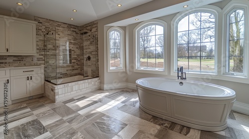 Modern bathroom with a white freestanding tub  tiled walls  and a window with a view of trees.