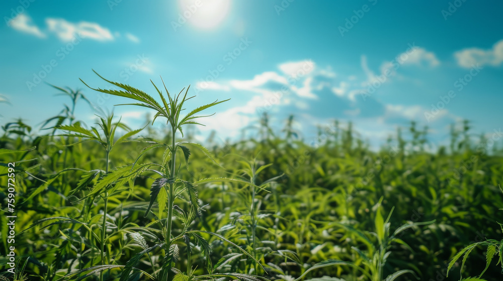 A focused close-up on hemp plants reaching up to a clear blue sky, highlighting natural beauty