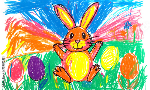 happy easter bunny crayon childish drawing scribble