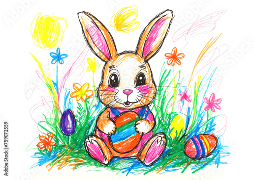 easter bunny with eggs kids hand drawn illustration
