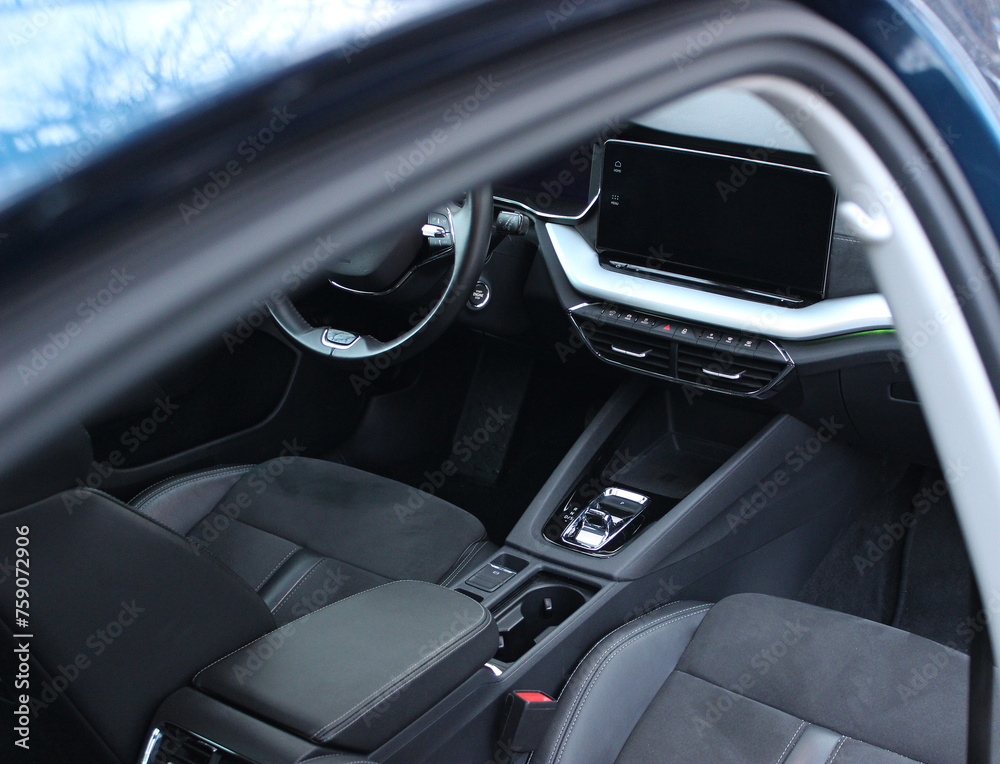 View From Opened Rear Door On A Front Seats Trimmed With Alcantara And Black Leather In Premium Class Car Interior 