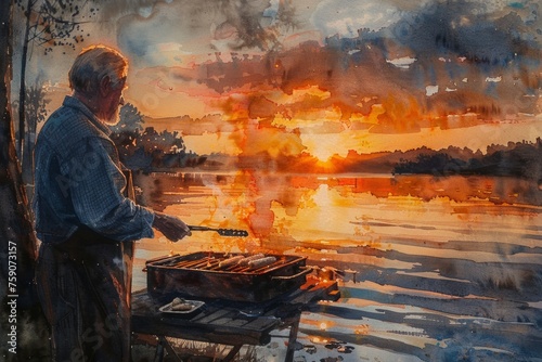 Elderly man grilling sausages on a portable barbecue at a lakes edge his face illuminated by the warm sunset hues during a serene spring picnic, watercolor
