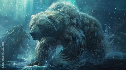 Demon Bear's nocturnal hunt beneath the bioluminescent abyss and Northern Lights' shimmering glow photo