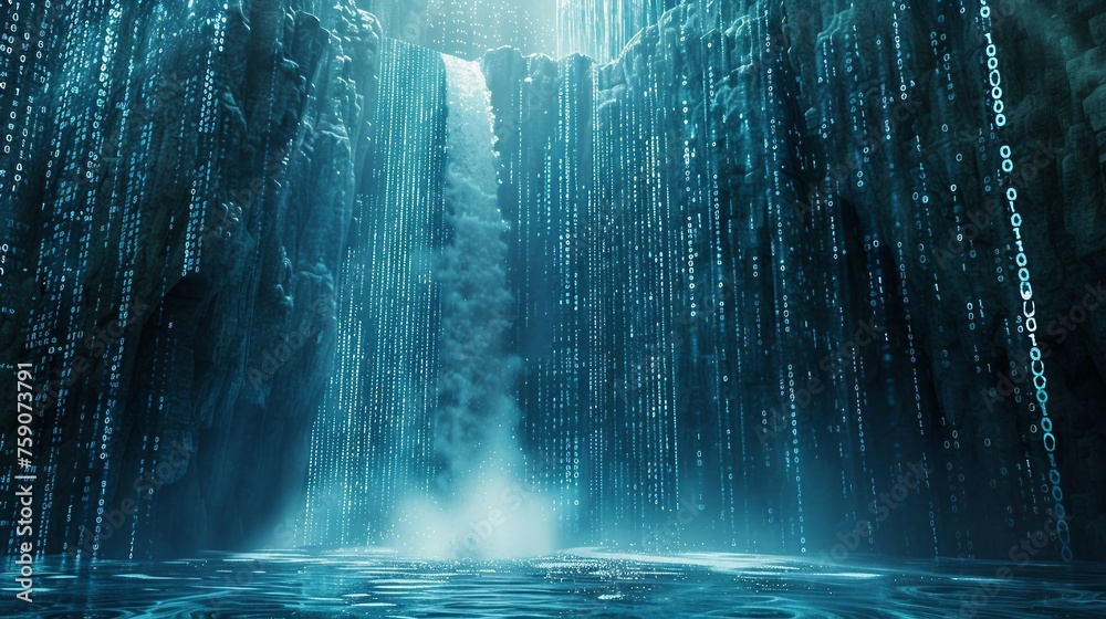 digital waterfalls, blue matrix binary code Cascading Through  waterfall. 
