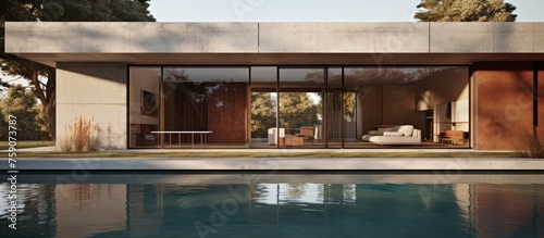 Minimalist house with swimming pool and large window featuring abstract architectural concrete and rusted metal interior.