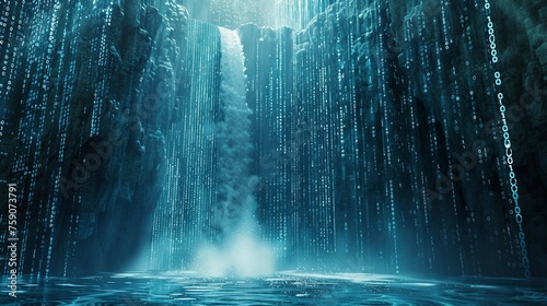 digital waterfalls, blue matrix binary code Cascading Through waterfall. 