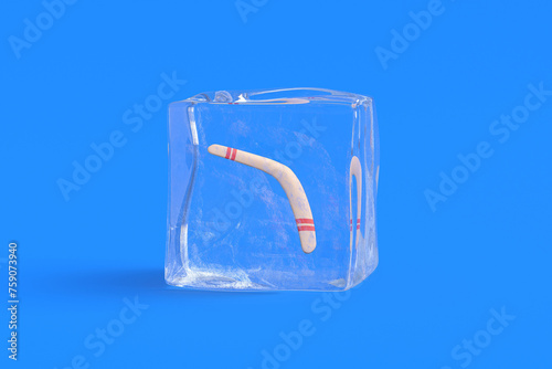 Frozen boomerang in ice cube. 3d illustration photo