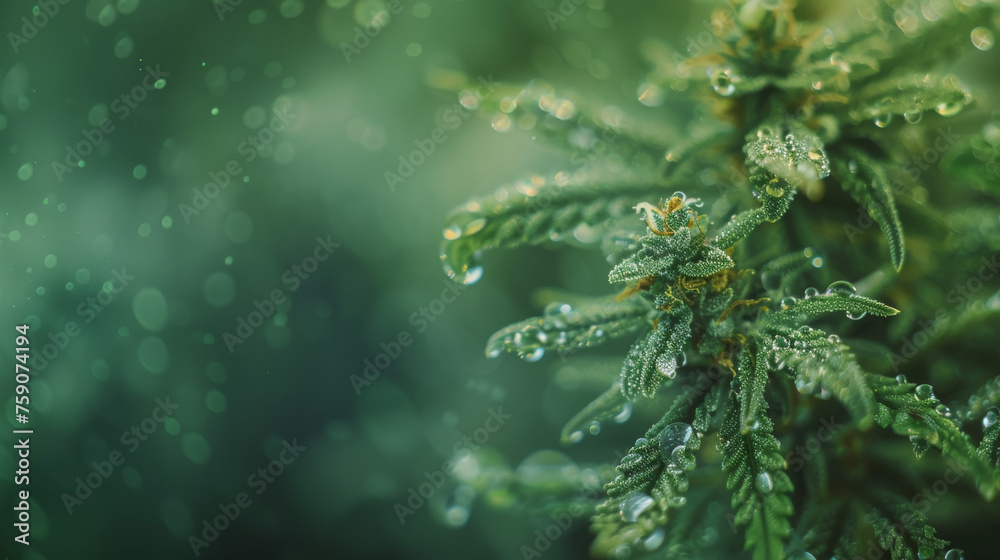 A close-up shot of a cannabis plant fresh with morning dew, showcasing the intricate detail and natural beauty of the plant