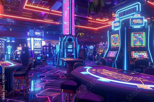 a neon casino, with slot machines and cards