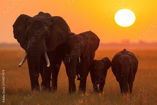 Family Of Elephants Against An African Sunset