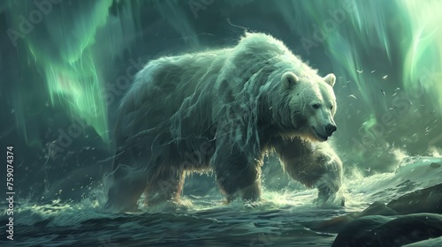 Demon Bear's Nocturnal Prowl in the Deep Sea Northern Lights Enchanted Depths