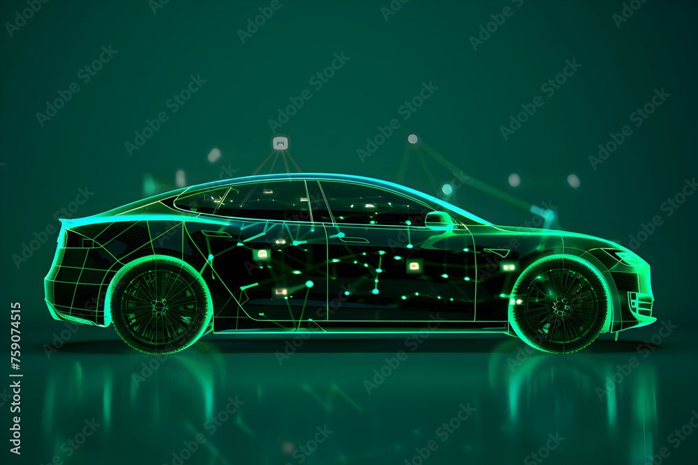 Fototapeta premium An electric vehicle with a dynamic silhouette, partially covered by an opaque overlay of green tech symbols, against a lime green background.