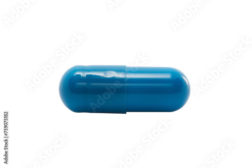 Blue capsule or pill isolated on white background.