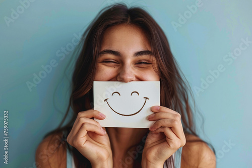 Photo of young girl holding a sign in front of her. The sign features a smiling emoticon. Positive mood concept