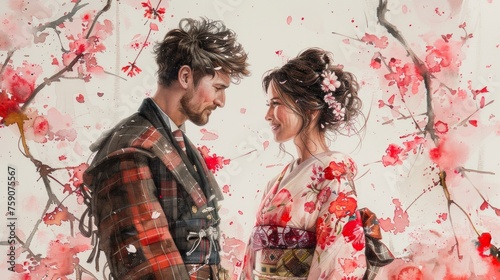 Groom in Scottish kilt exchanges vows with bride in kimono symbolizing a blend of cultural traditions against a backdrop of cherry blossoms, watercolor