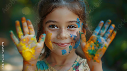 A little girl with paintcovered hands has messy hair, a smiling face with paint on her nose, skin, lips, and eyebrows. Her eyes are bright with creativity, and water is nearby for cleaning up