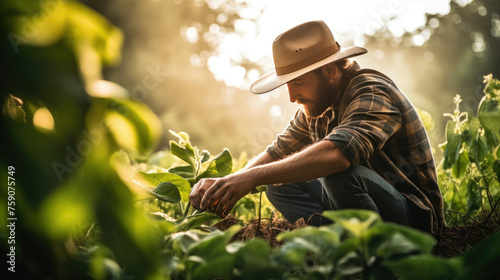 Farmer crouching down in a field, tending to plants with sunlight streaming through the foliage.