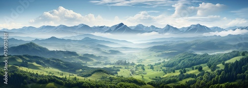 a landscape of a green valley with mountains and clouds