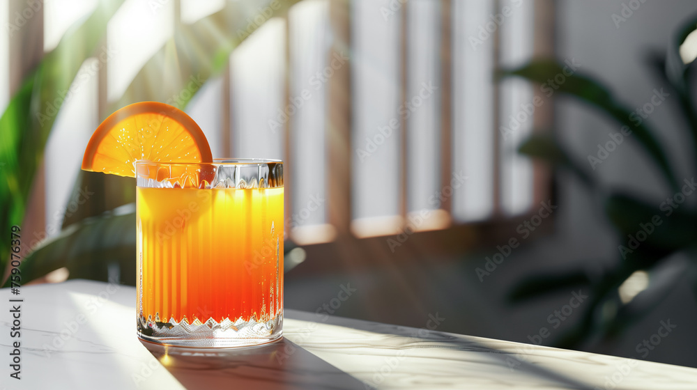 A glass of orange juice with a slice of orange in it. The glass is on a table in front of a plant