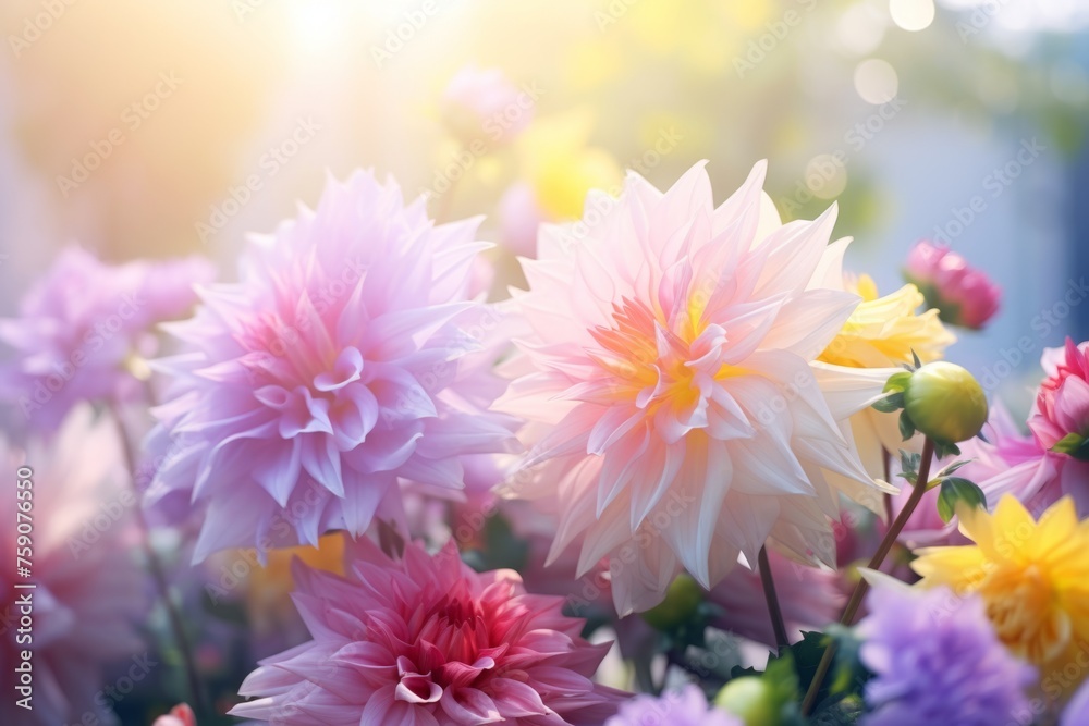Fototapeta premium Beautiful pink flowers blooming garden outdoors park natural beauty summer meadows idyllic peaceful background wallpaper bright colorful flora plants blossom sunlight glare field nature rural calmness