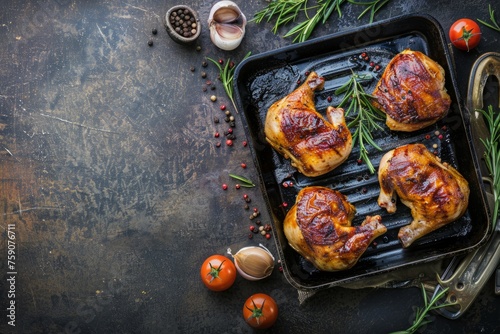 Whole Poussins with Herbs on Grill Pan, Rustic Setting